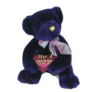 No 1 Mom Teddy Bear Plush Stuffed Animal Toy Dark Purple Heart Gold Trim 9 inch